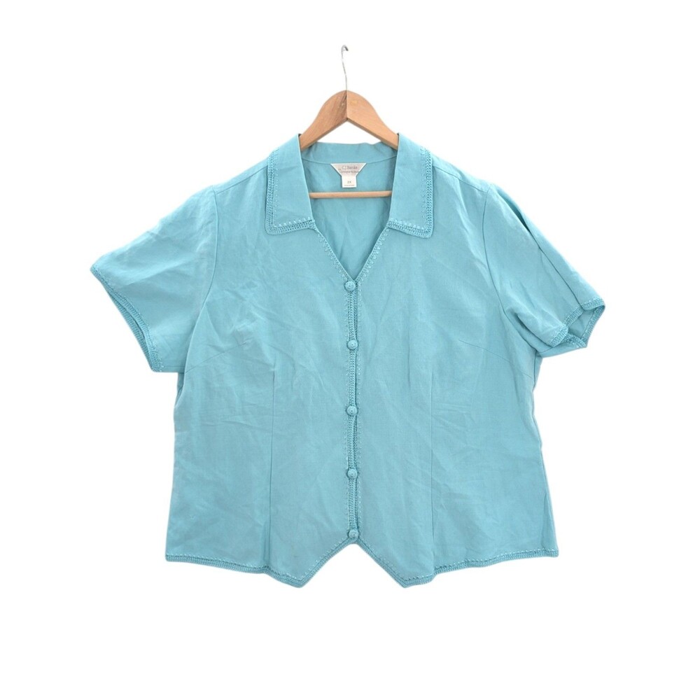 CJ Banks 2X Pale Turquoise Blue Silk Linen Short Sleeve Button Up Shirt Blouse